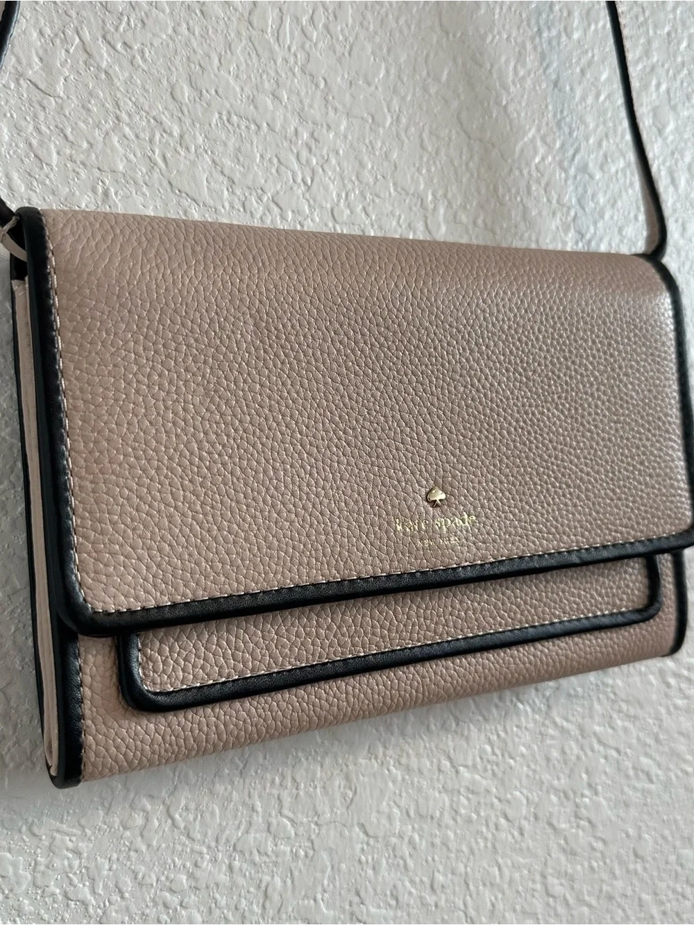 kate spade Pebbled Taupe Crossbody with Black Trim